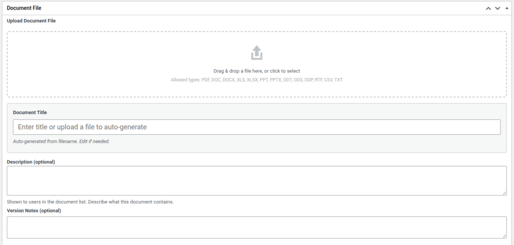 DocVault Add New Document screen with drag-and-drop upload area and document title field