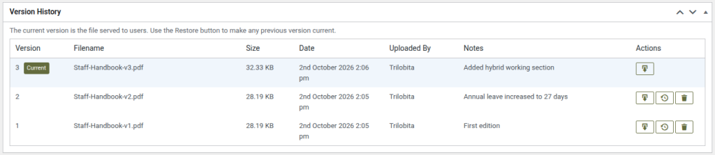 DocVault Version History showing three versions of the Staff Handbook with version notes