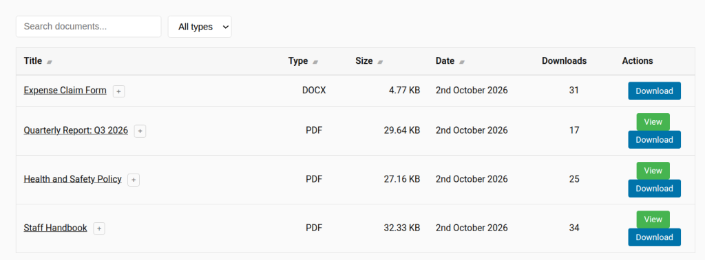 DocVault front-end document library with search box, type filter, download counts and View and Download buttons