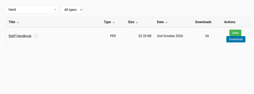 DocVault front-end document library filtered by a search for hand