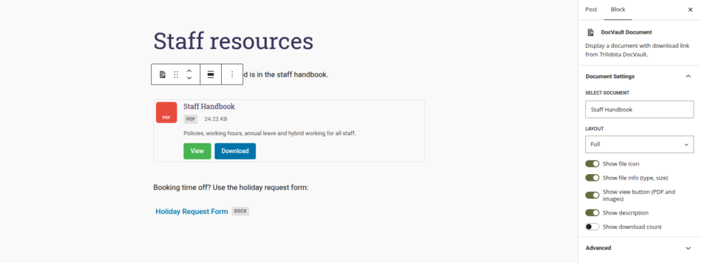 DocVault Document block in the editor, showing the Full and Minimal layouts and the block settings with document search, layout and display toggles